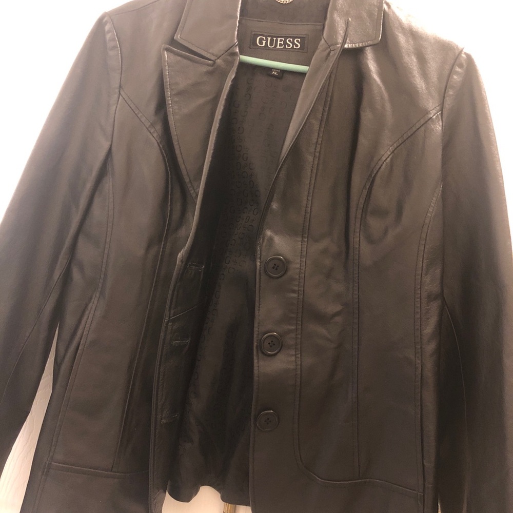 GUESS Black Leather Button-Front Blazer Jacket
